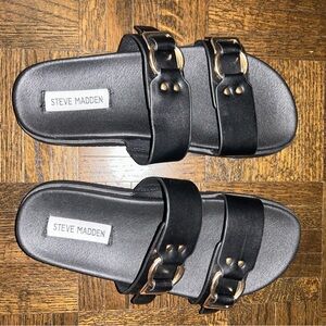 Steve Madden Black Sandals with Gold Buckles